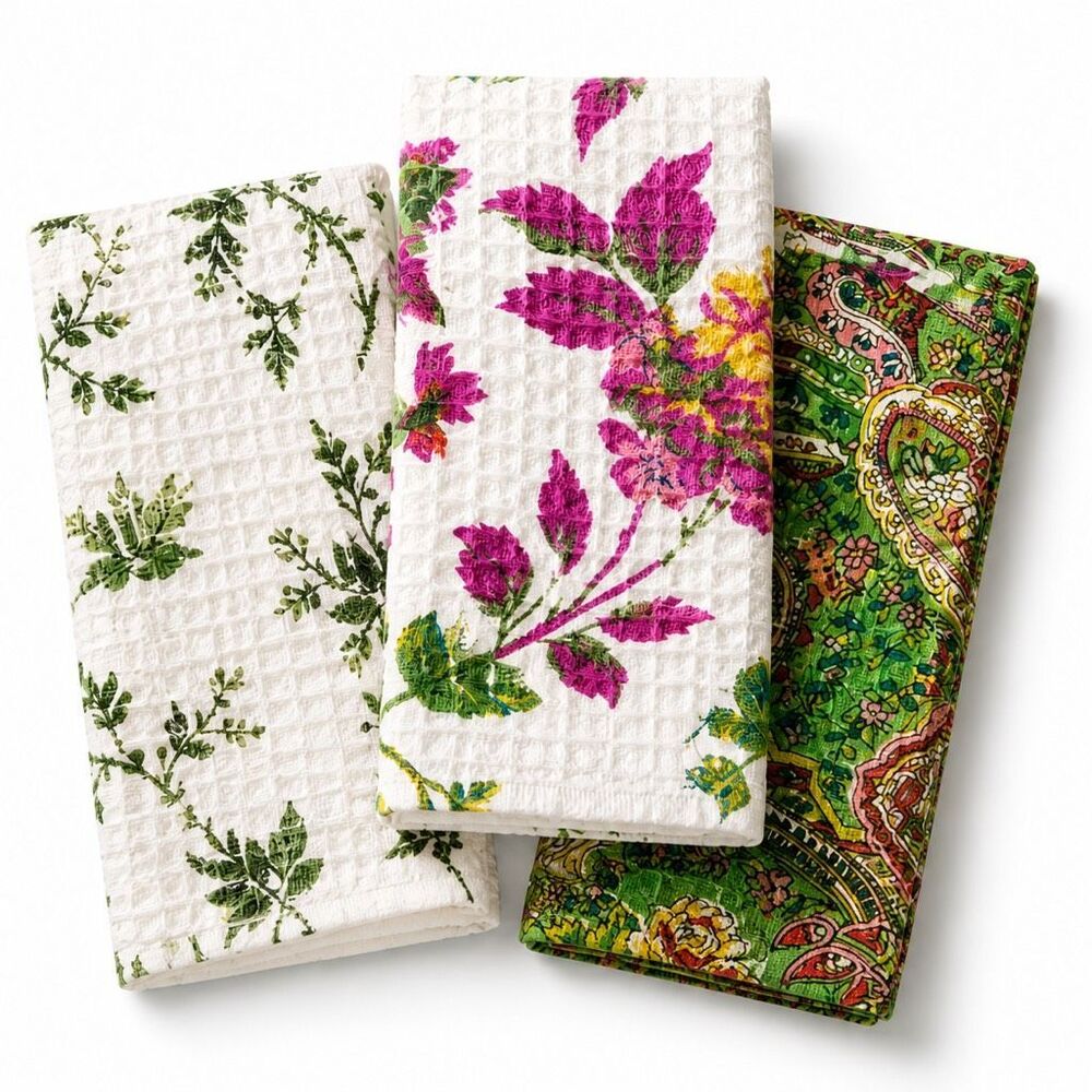 April Cornell Tea Towels Set 3 Floral Cotton Cottagecore Kitchen Gift